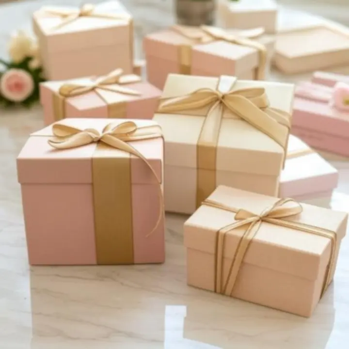 Elegancki zestaw kosmetyczny prezentowy na tle w odcieniach pudrowego różu i złota