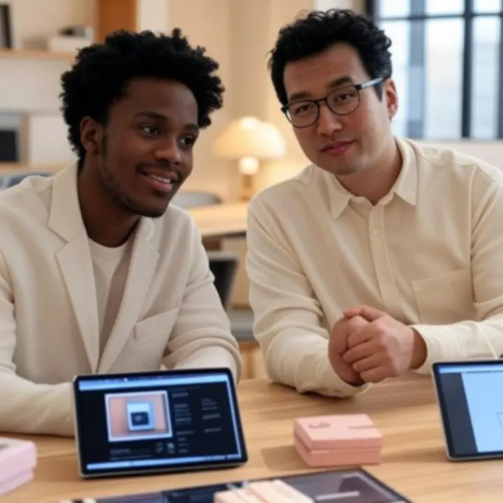 Zespół CosmoKitX omawia nowe luksusowe zestawy kosmetyczne przy stole projektowym.