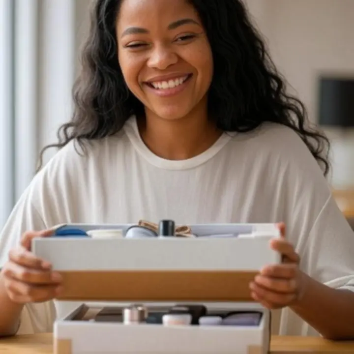 Zadowolona klientka trzymająca w rękach elegancko zapakowany kosmetyczny prezent