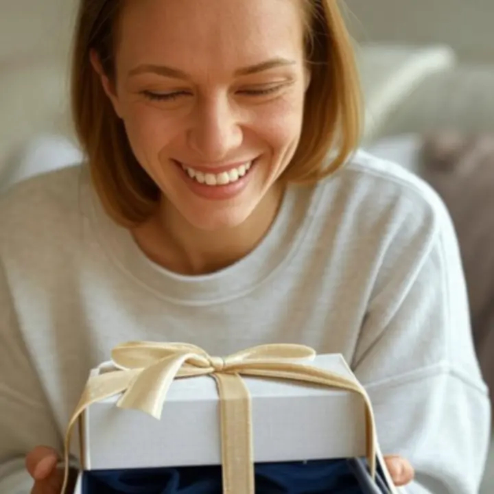 Zadowolona klientka otwierająca pudełko z prezentowym zestawem kosmetyków
