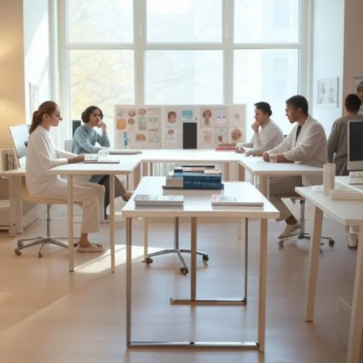 Nowoczesne, jasne biuro CosmoKitX z minimalistycznym wystrojem i stanowiskami pracy kreatywnego zespołu.