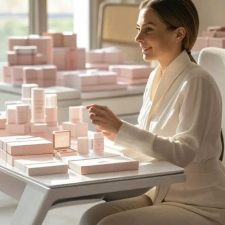 Założycielka sklepu CosmoKitX pracująca przy biurku z próbkami kosmetyków i szkicami opakowań