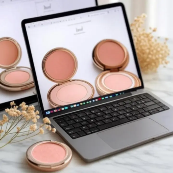 Detale eleganckiego projektu strony internetowej CosmoKitX w odcieniach różu, kremu i złota